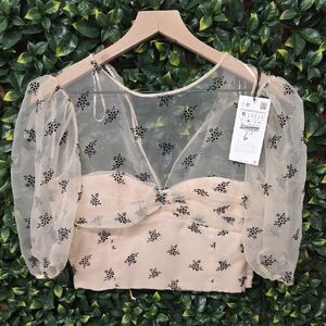 Zara Sheer Floral Blouse - Cream and Black